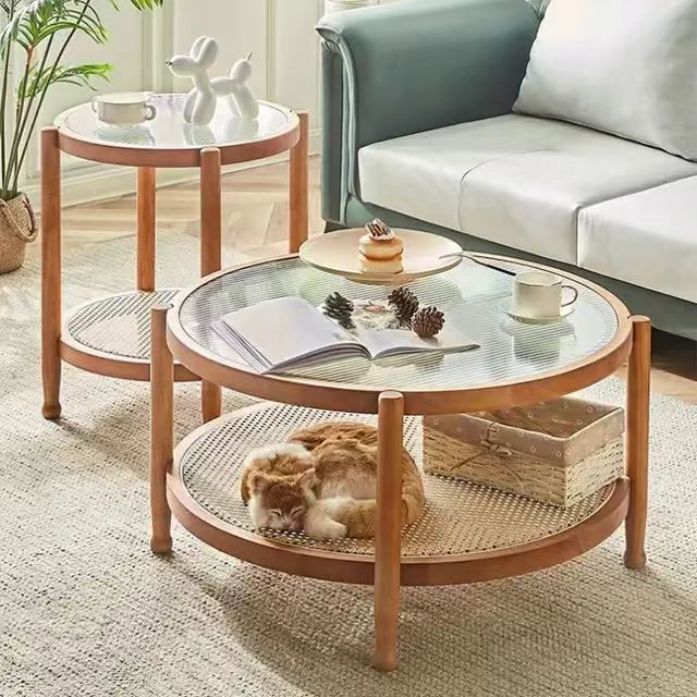 Solid Walnut Round Coffee Table with Textured Glass Top & Woven Cane Shelf – Modern Natural Living Room Table
