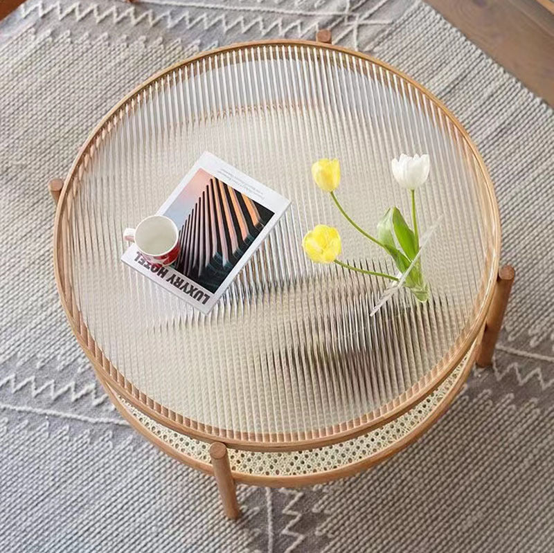 Solid Walnut Round Coffee Table with Textured Glass Top & Woven Cane Shelf – Modern Natural Living Room Table