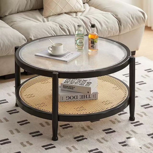 Solid Walnut Round Coffee Table with Textured Glass Top & Woven Cane Shelf – Modern Natural Living Room Table